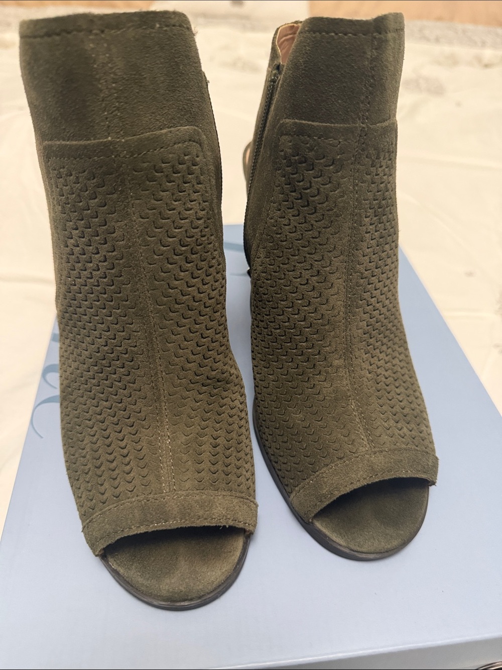 Essex Lane Olive Green Suede Peep-Toe Ankle Boots